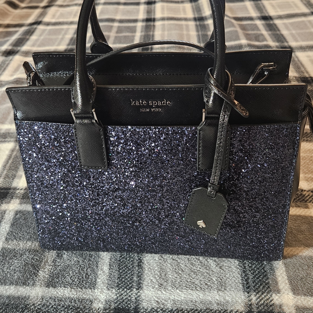 Kate Spade Greta Navy & Black Glitter Medium Satchel, Wallet, Cosmetic-Set of 3
